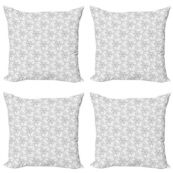 Ambesonne Grey Throw Pillow Cover 4 Pack, Swirled Blossom Leaves, 20", Cloud White