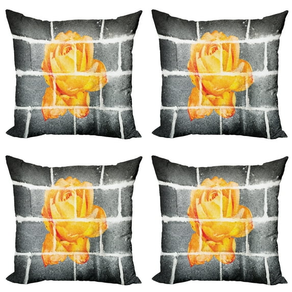 Ambesonne Grey Throw Pillow Cover 4 Pack, Warm Rose Brick Wall, 16", Grey Orange