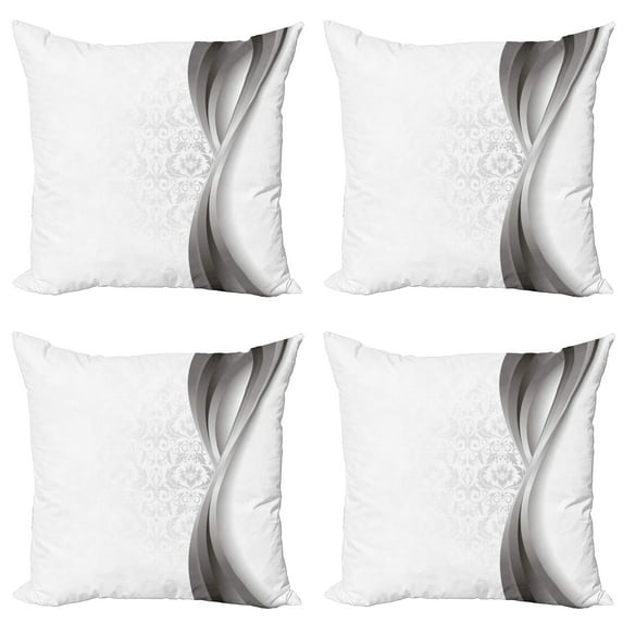 Ambesonne Grey Throw Pillow Cover 4 Pack, Wavy Stripes and Flowers, 18", Grey Pale Grey White