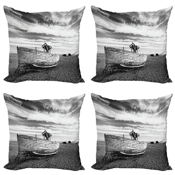 Ambesonne Grey Throw Pillow Cover 4 Pack, Wooden Boat on Beach Dusk, 18", Grey