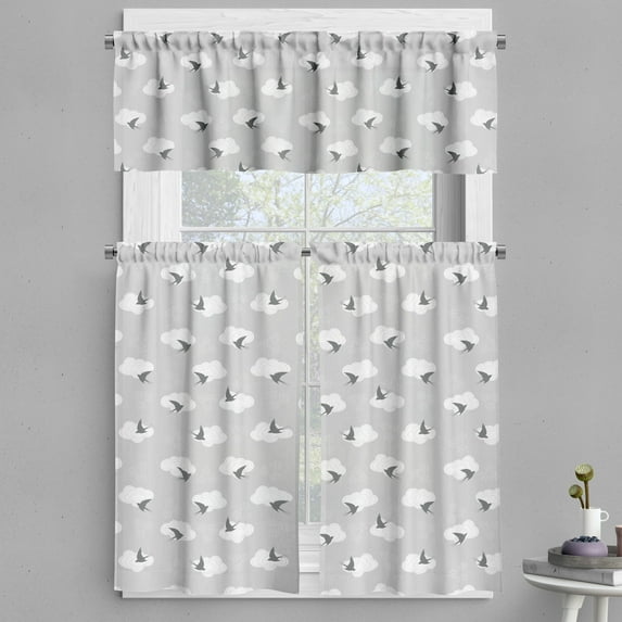 Ambesonne Grey Valance & Curtain, Swallow Birds Among Clouds, 55"x45", Grey Pale Grey White
