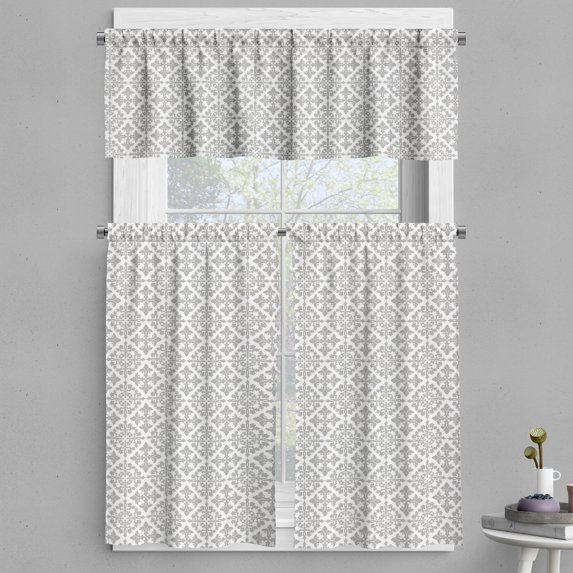 Ambesonne Grey Valance & Curtain, Victorian Damask Floral, 55"x45", Grey White