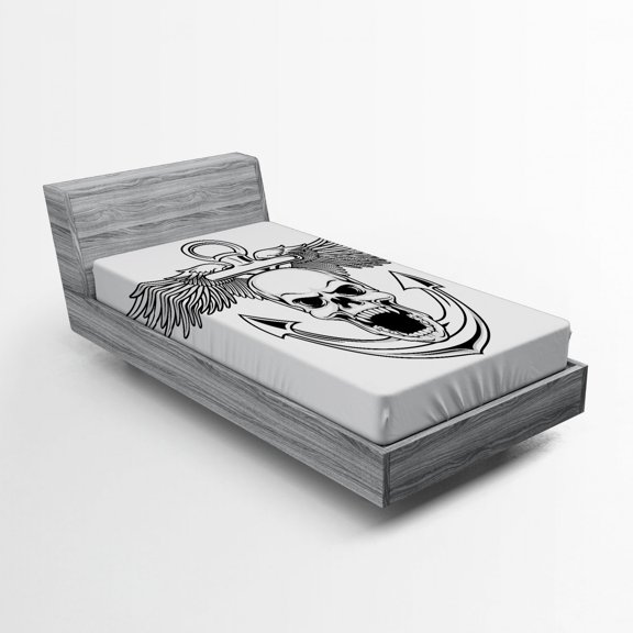 Ambesonne Grey White Fitted Sheet, Skull Anchor Eagle, Twin Size, Grey White