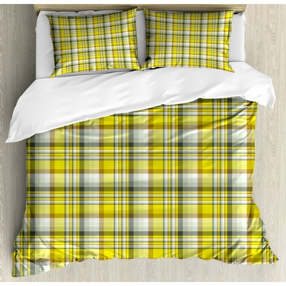 Ambesonne Grey Yellow Duvet Cover Sets, Vibrant Madras Plaid, 2-Queen, Yellow Multicolor