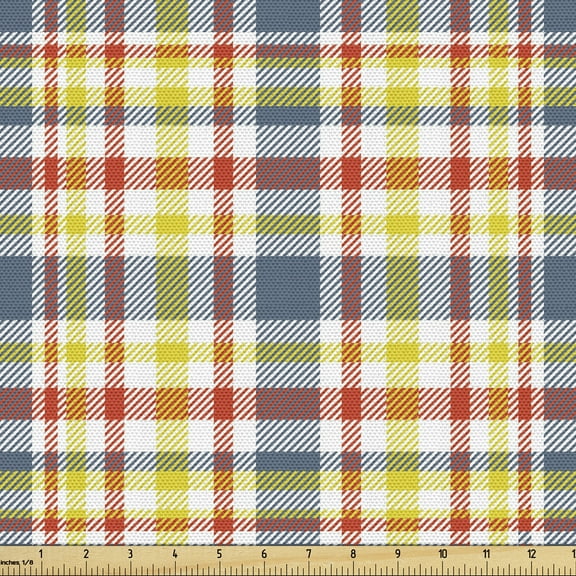 Ambesonne Grey Yellow Fabric by the Yard Upholstery, Colorful Cheery Plaid, 5 Yards, Multicolor