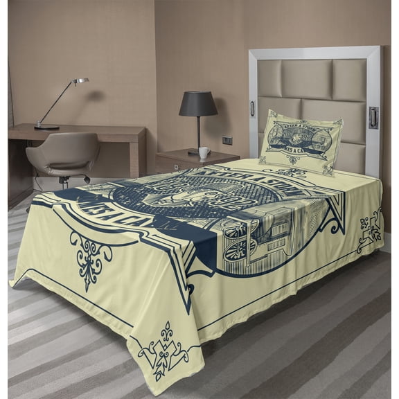 Ambesonne Grey Yellow Fitted & Top Sheet Set with Sham, Calm Industry Scene, Grey Yellow