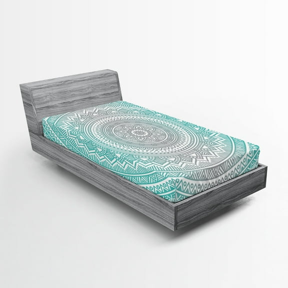 Ambesonne Grey and Aqua Fitted Sheet 2 Pcs Set, Tribe Mandala, Twin XL, Aqua Grey
