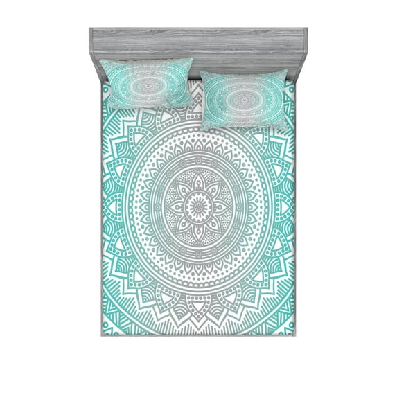 Ambesonne Grey and Aqua Fitted Sheet & Pillow Sham Set, Tribe Mandala, Queen, Aqua Grey