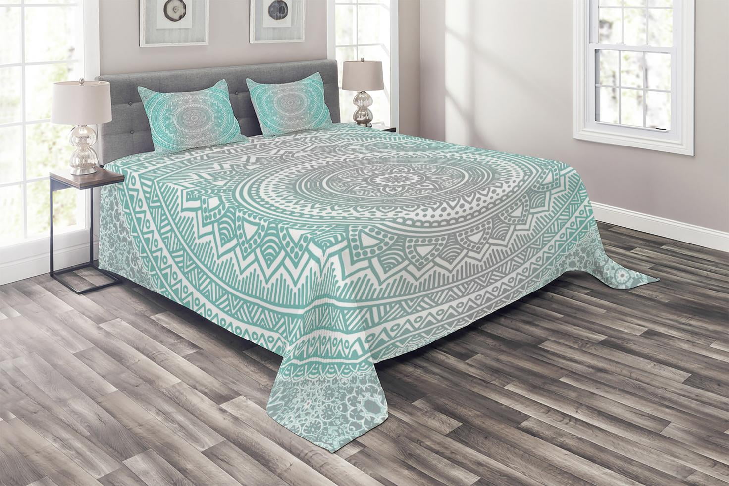 Gray and Teal Mandala King Bedspread Set with Pillow Shams