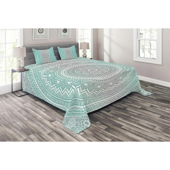 Ambesonne Grey and Aqua Quilted Coverlet 3 Pcs, Tribe Mandala, King Size, Aqua Grey