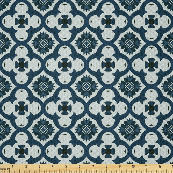 Ambesonne Grey and Blue Fabric by the Yard Microfiber, Floral Azulejo Motif, 10 Yards, Pale Seafoam Dark Teal