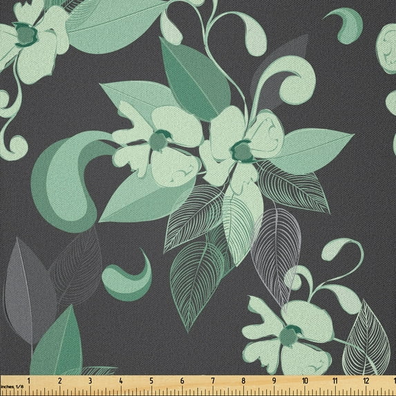 Ambesonne Grey and Green Fabric by the Yard Microfiber, Nostalgic Floral, 3 Yards, Grey Mint Green