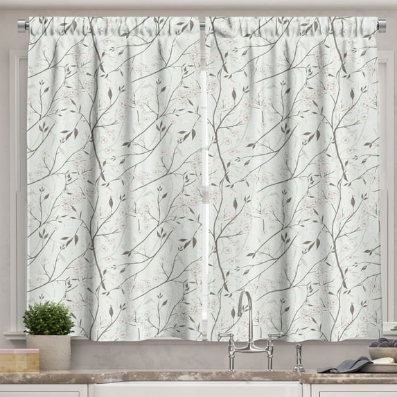Ambesonne Grey and Mint Kitchen Curtains, Rustic White Buds, 55"x45", Pale Mint Green White