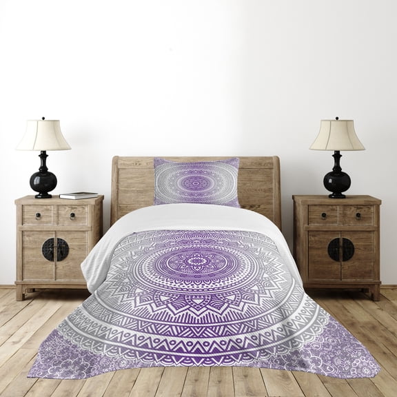 Ambesonne Grey and Purple Quilted Bedspread Set 2 Pcs, Boho Ombre, Twin Size, Purple White