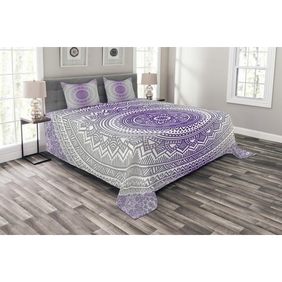 Ambesonne Grey and Purple Quilted Bedspread Set 3 Pcs, Boho Ombre, King Size, Purple White