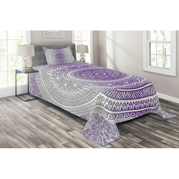 Ambesonne Grey and Purple Quilted Coverlet 2 Pcs, Boho Ombre, Twin Size, Purple White