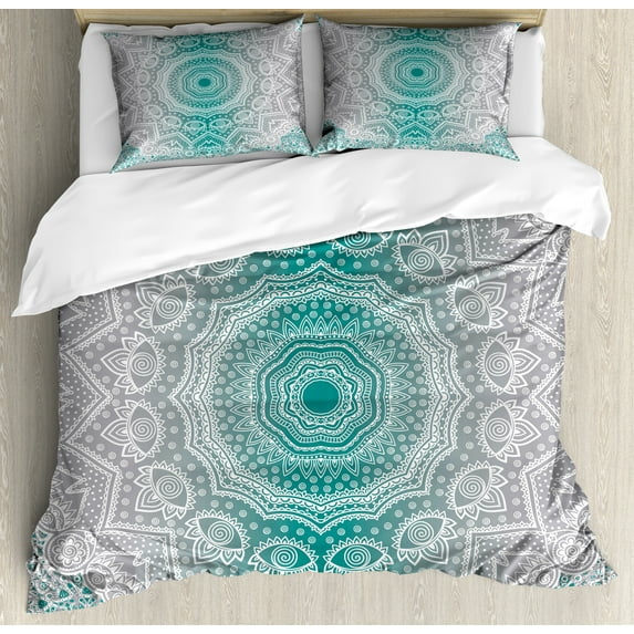 Ambesonne Grey and Teal Duvet Cover Sets, Mandala Occult Motif, 2-Queen, Teal Grey