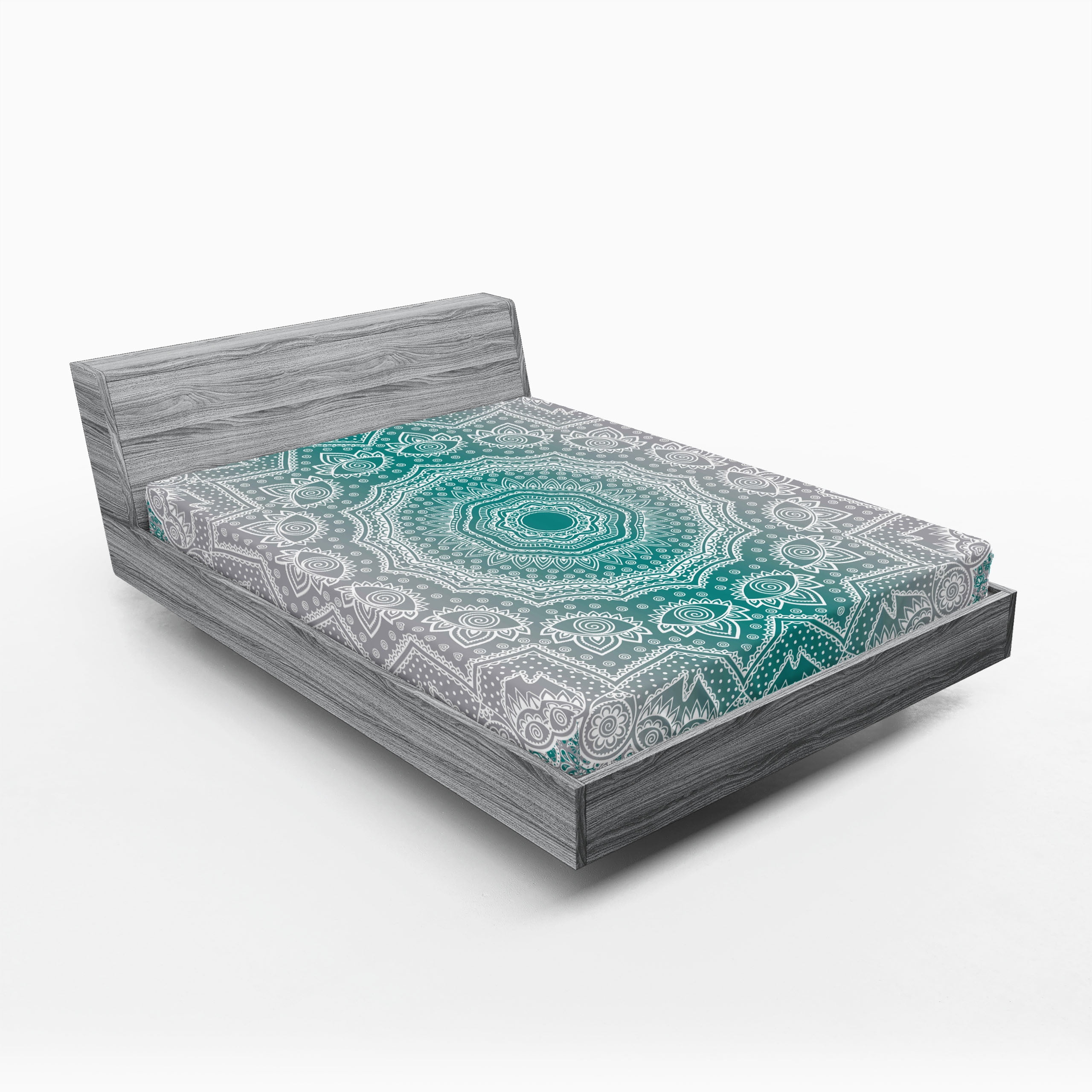 Gray and Teal Mandala Print Microfiber Queen Fitted Sheet