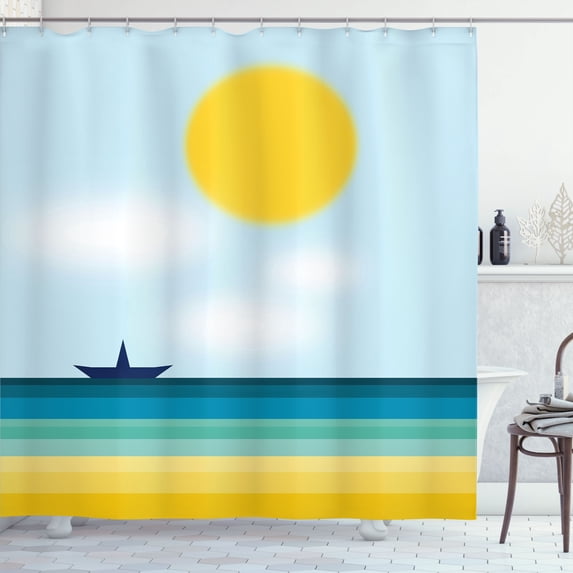 Ambesonne Grey and Turquoise Shower Curtain, Beach Boat Art, 69"Wx84"L, Earth Yellow and Soft Blue