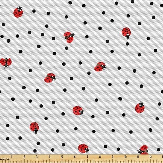 Ambesonne Grey and White Fabric by the Yard Upholstery, Ladybugs and Dots, 5 Yards, Dark Pink