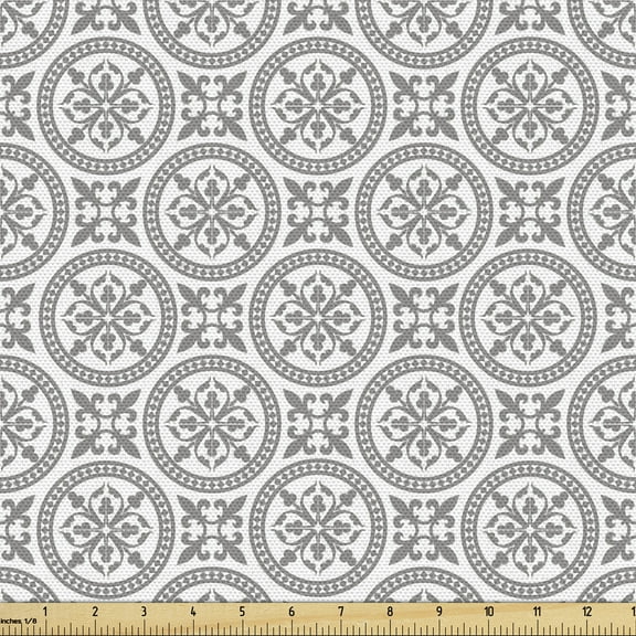 Ambesonne Grey and White Fabric by the Yard Upholstery, Old Mosaic Circles, 3 Yards, Grey White