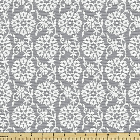 Ambesonne Grey and White Fabric by the Yard Upholstery, Rich Royal Flora, 5 Yards, Grey White