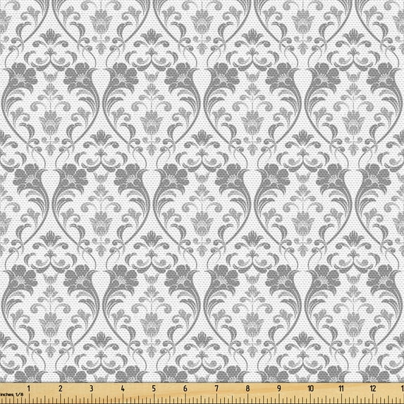 Ambesonne Grey and White Fabric by the Yard Upholstery, Traditional Curves, 5 Yards, Grey Pale Grey White