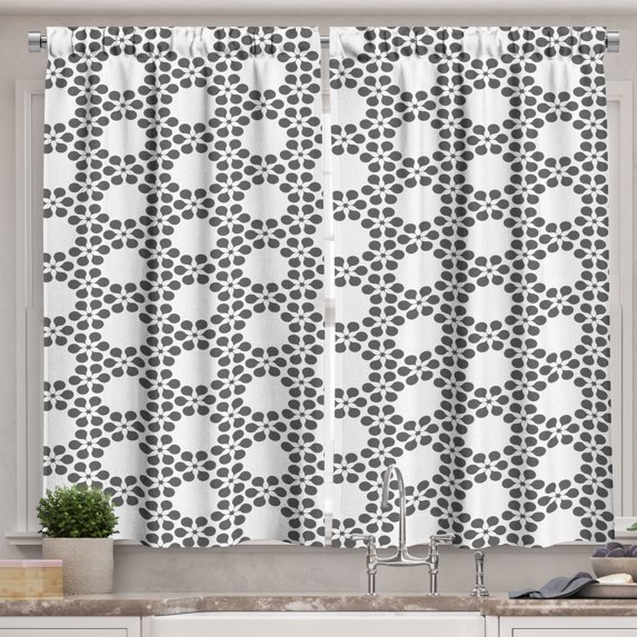 Ambesonne Grey and White Kitchen Curtains, Flower Grid, 55"x39", Charcoal Grey with White