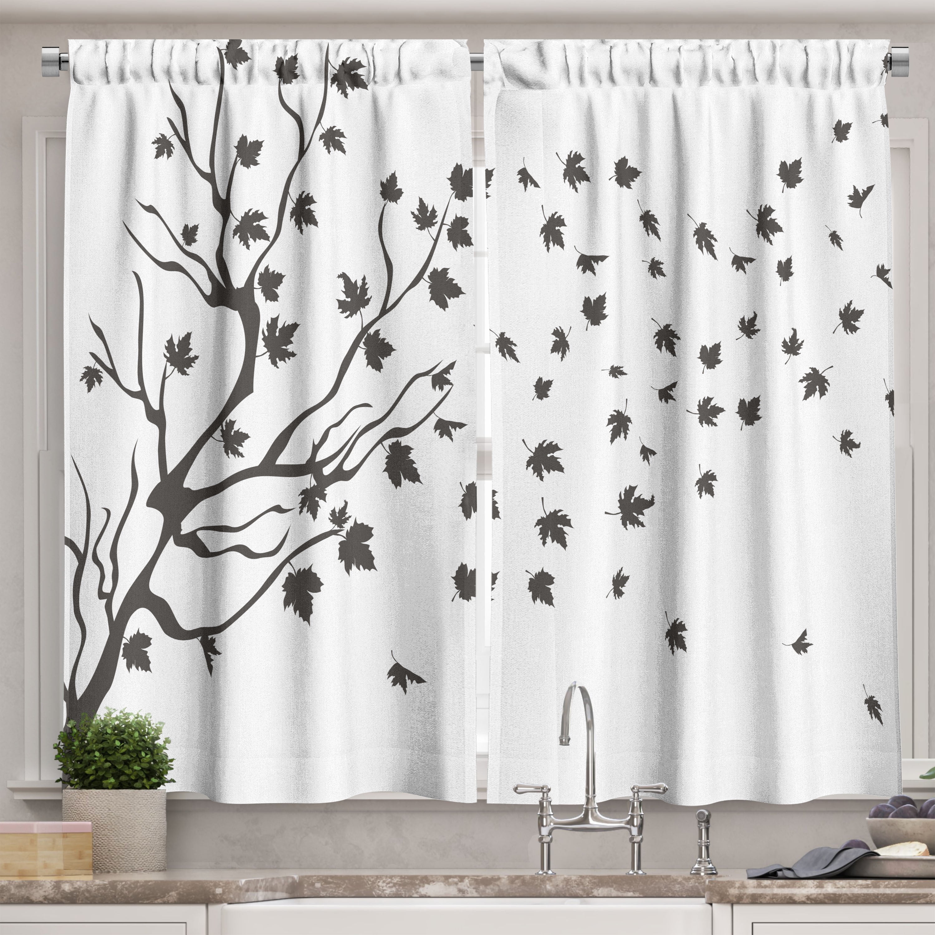 Ambesonne Grey and White Kitchen Curtains, Maple Silhouette, 55"x39 ...
