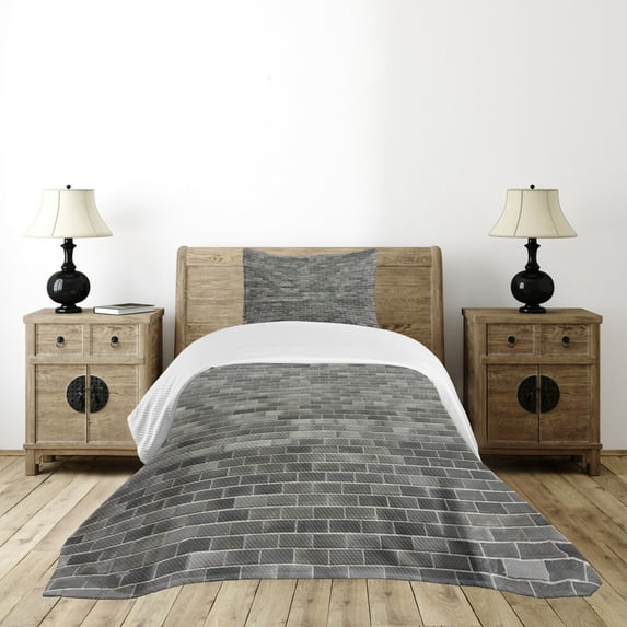 Ambesonne Grey and White Quilted Bedspread Set 2 Pcs, Brick Wall Tiles, Twin Size, Grey