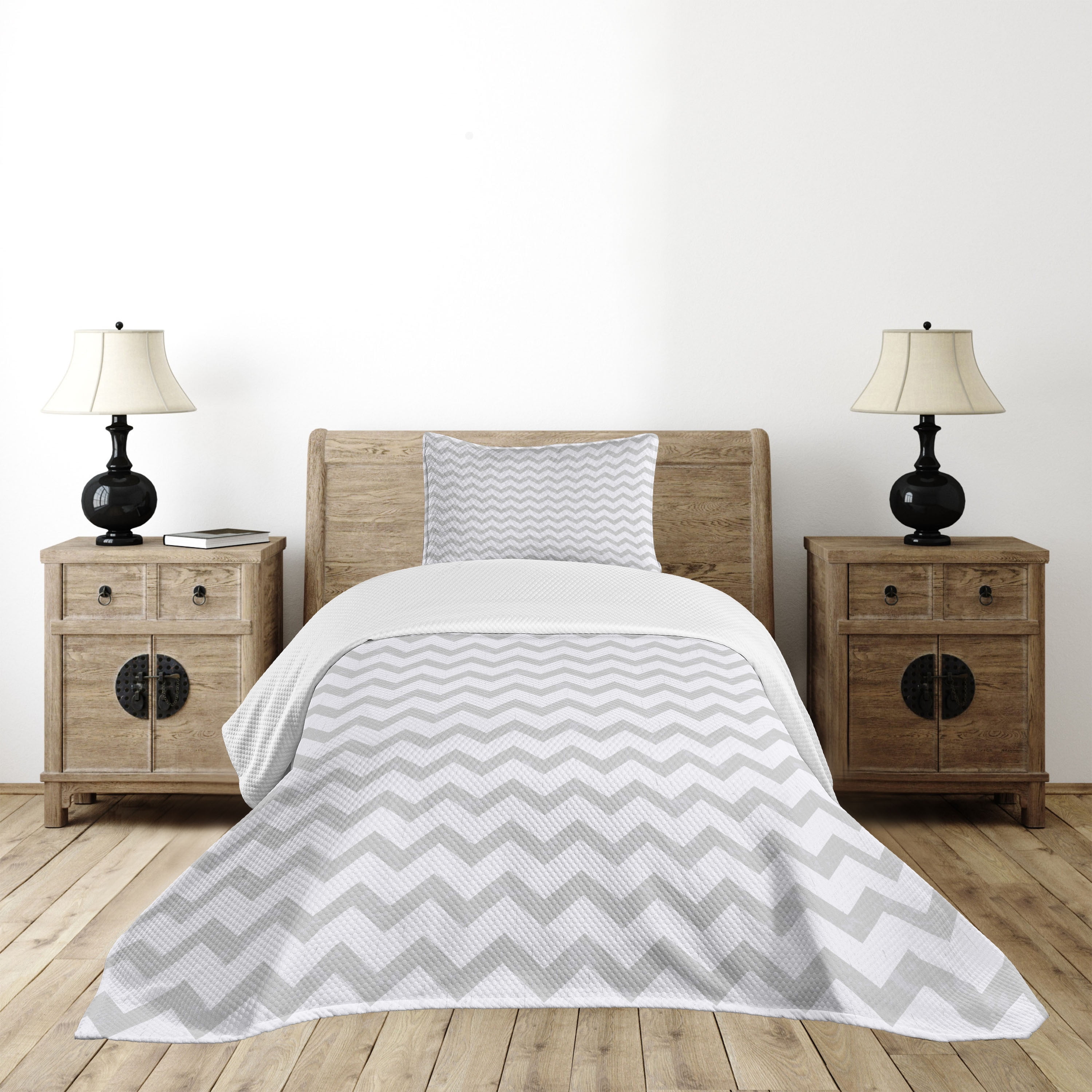 Twin Pale Grey and White Geometric Zigzag Bedspread Set