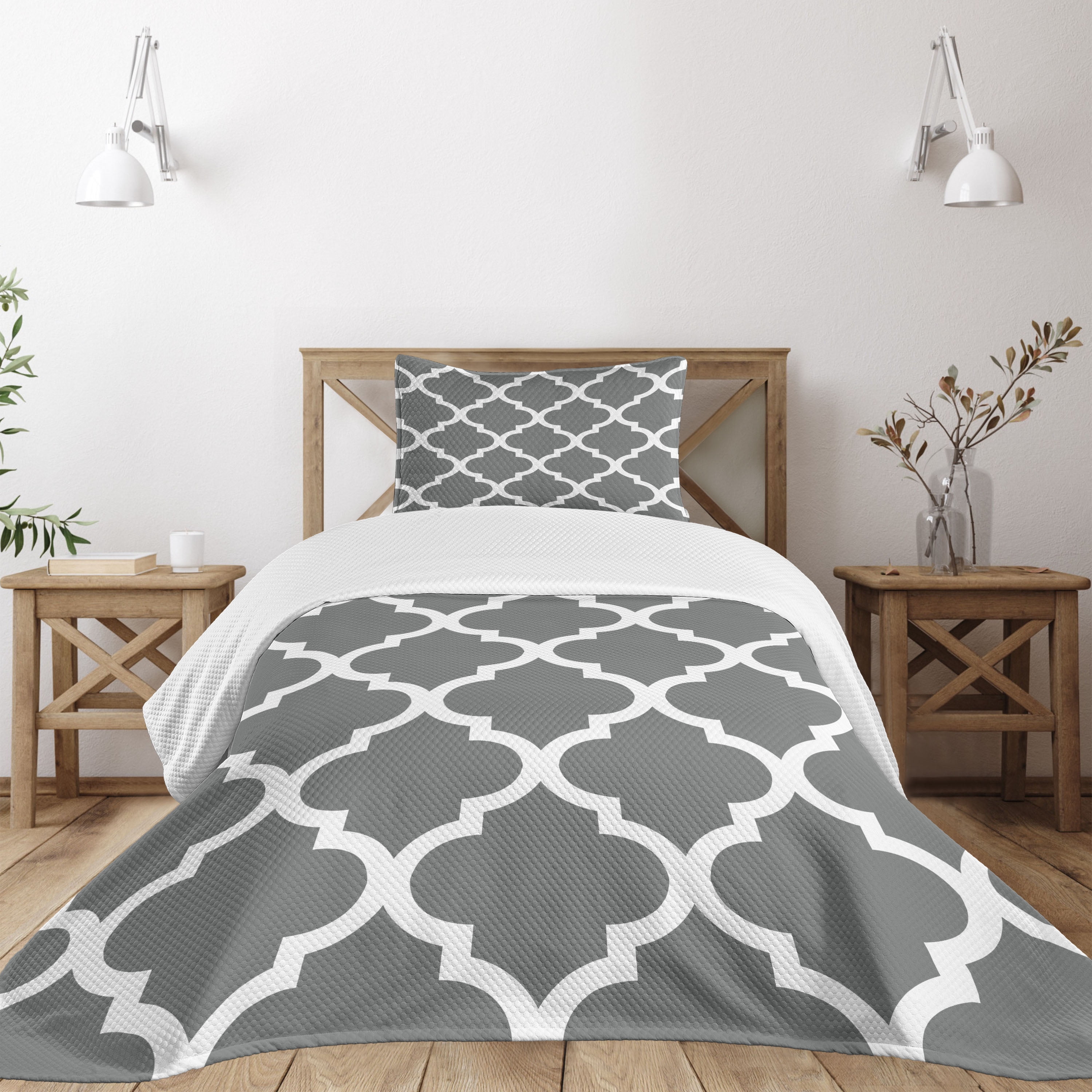 Ambesonne Grey and White Quilted Bedspread Set 2 Pcs, Victorian Motifs