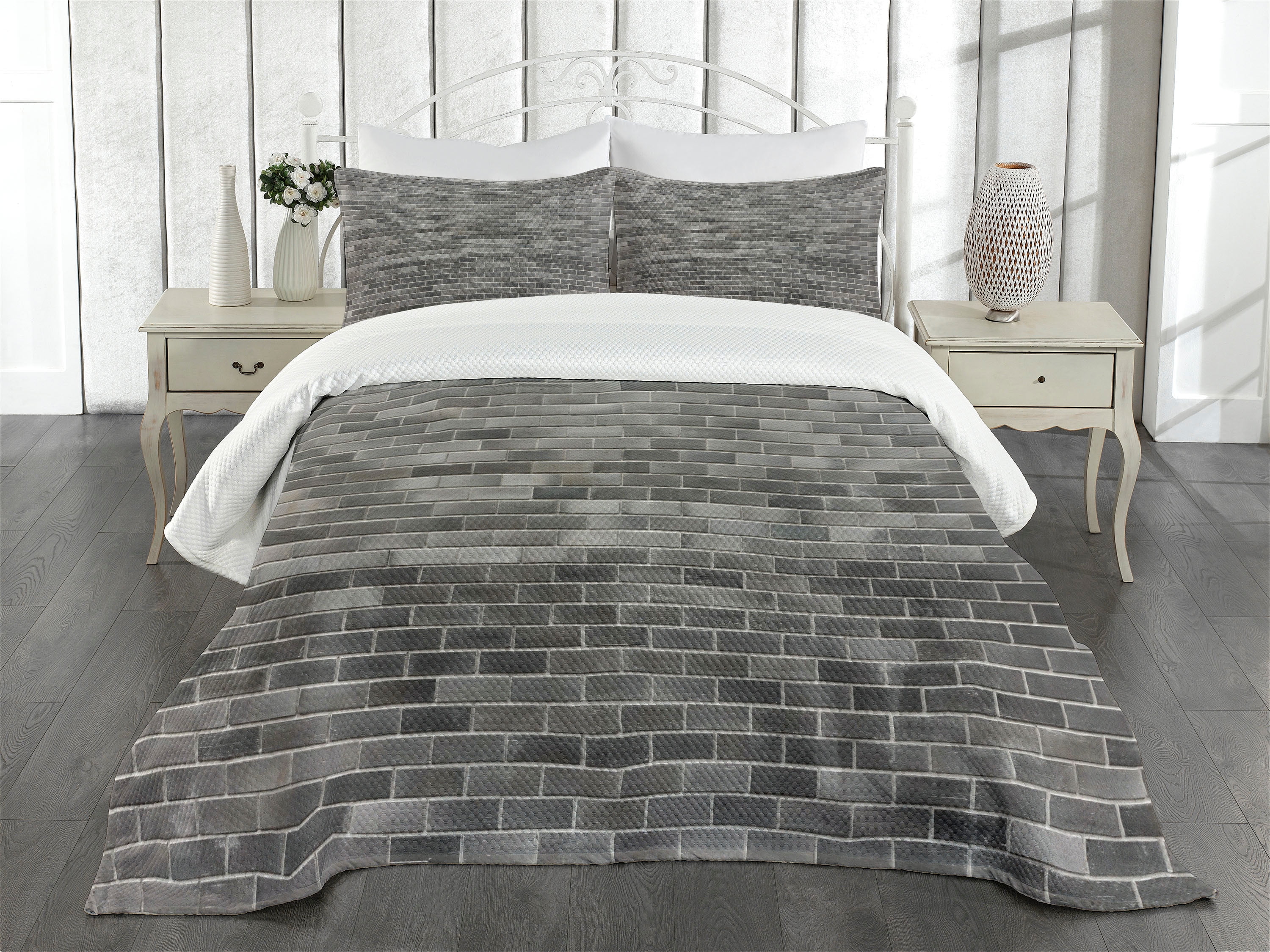 Ambesonne Grey and White Quilted Bedspread Set 3 Pcs, Brick Wall Tiles