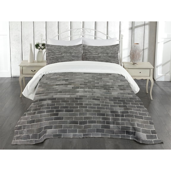 Ambesonne Grey and White Quilted Bedspread Set 3 Pcs, Brick Wall Tiles, Queen Size, Grey