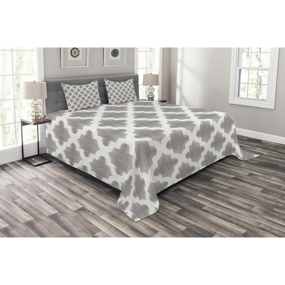 Ambesonne Grey and White Quilted Bedspread Set 3 Pcs, Geometric Damask, Queen Size, Dimgrey White