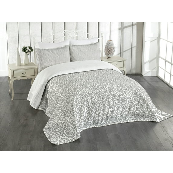 Ambesonne Grey and White Quilted Bedspread Set 3 Pcs, Old Mosaic Circles, King Size, Grey White