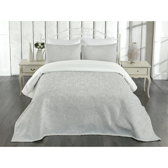 Ambesonne Grey and White Quilted Bedspread Set 3 Pcs, Oriental Design, King Size, Grey