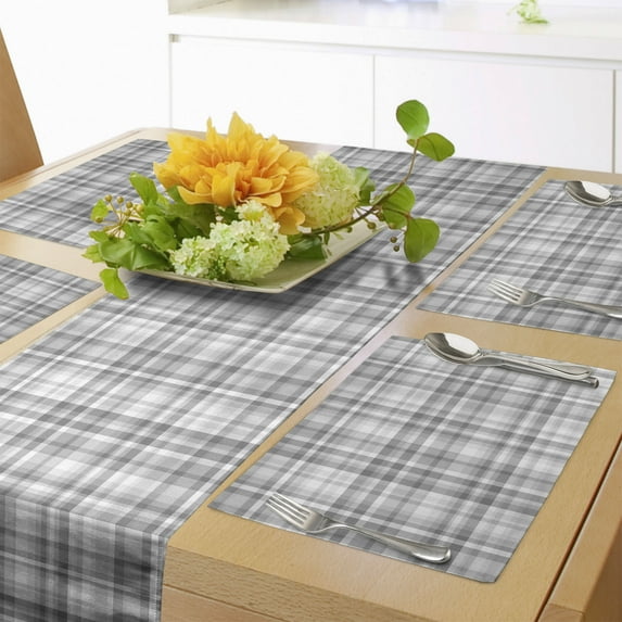 Ambesonne Grey and White Table Runner & Placemats, Checkered Plaid Art, Placemat 4 pcs + Runner 14"x72", Pale Taupe