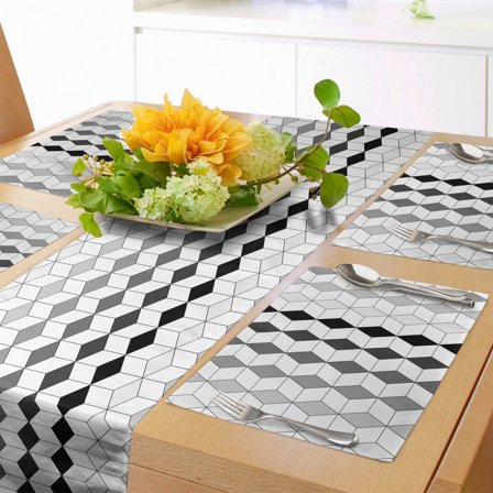 Ambesonne Grey and White Table Runner & Placemats, Grayscale Argyle, Placemat 4 pcs + Runner 16"x90", Pale Taupe