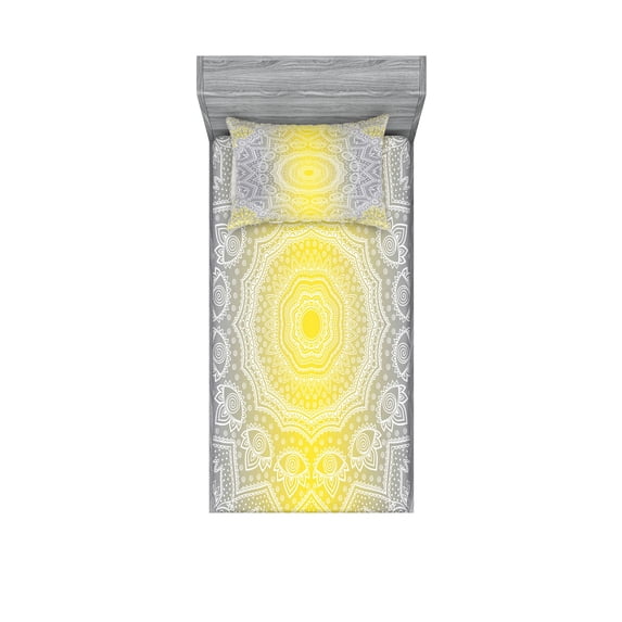 Ambesonne Grey and Yellow Fitted Sheet & Pillow Sham Set, Boho Ombre Old, Twin, Yellow Grey