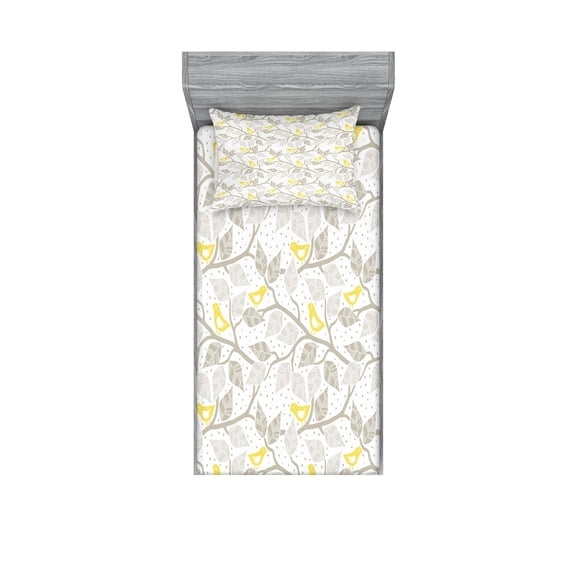 Ambesonne Grey and Yellow Fitted Sheet & Pillow Sham Set, Tree and Birds, Twin, Grey Yellow and White