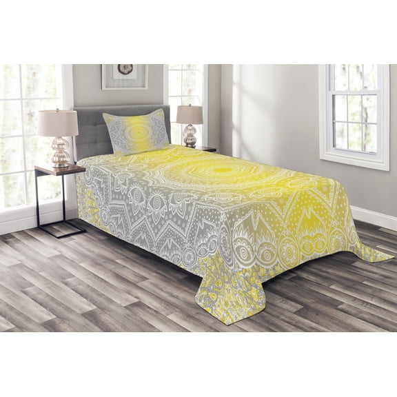 Ambesonne Grey and Yellow Quilted Bedspread Set 2 Pcs, Boho Ombre Old, Twin Size, Yellow Grey