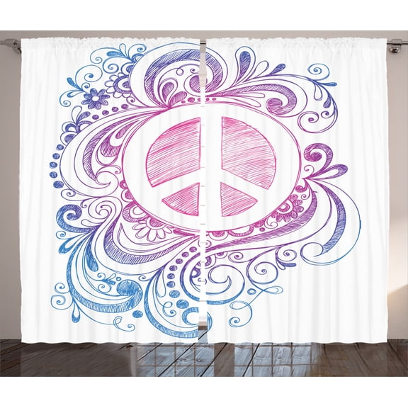 Ambesonne Groovy Curtains 2 Panel Set, Peace Sign and Swirls, 108" x 90", Pink Blue White