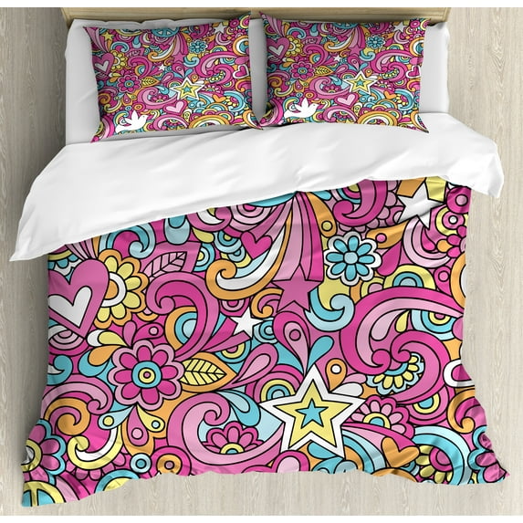 Ambesonne Groovy Duvet Cover Sets, Funky 60s Fun Retro, 2-King, Multicolor
