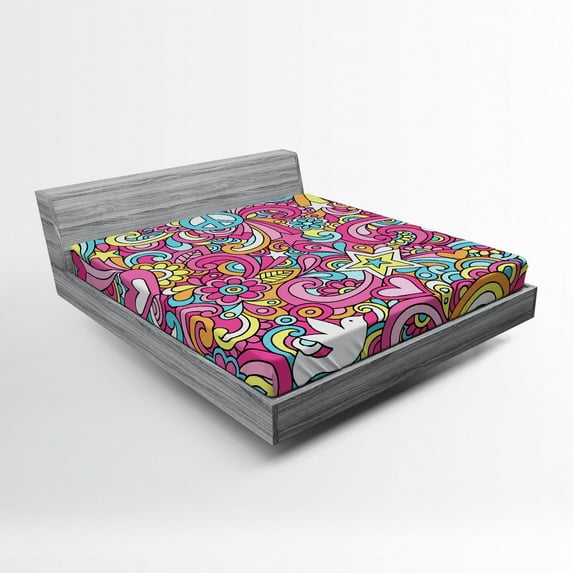 Ambesonne Groovy Fitted Sheet, Funky 60s Fun Retro, Queen Size, Multicolor