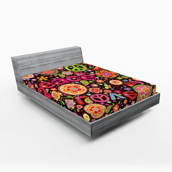 Ambesonne Groovy Fitted Sheet, Hippie Paisley Leaves, Full Size, Multicolor