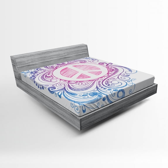 Ambesonne Groovy Fitted Sheet, Peace Sign and Swirls, Queen Size, Pink Blue White