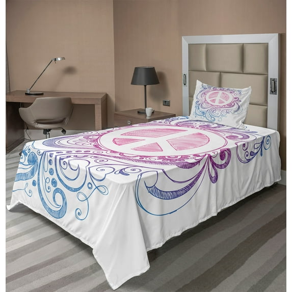 Ambesonne Groovy Fitted & Top Sheet Set with Sham, Peace Sign and Swirls, Pink Blue White
