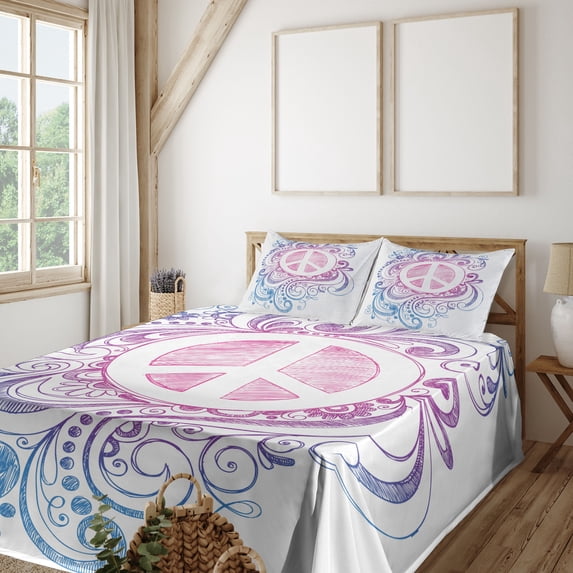 Ambesonne Groovy Fitted & Top Sheet Set with Shams, Peace Sign and Swirls, Pink Blue White