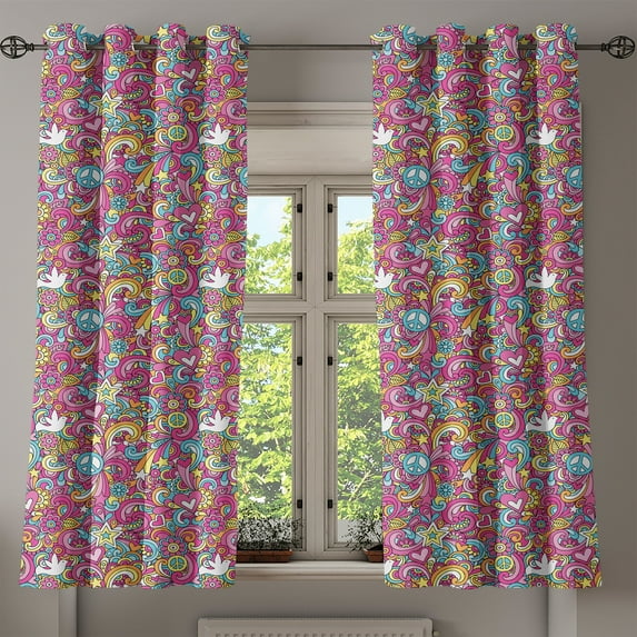 Ambesonne Groovy Grommet Curtain, Funky 60s Fun Retro, 50" x 54", Multicolor